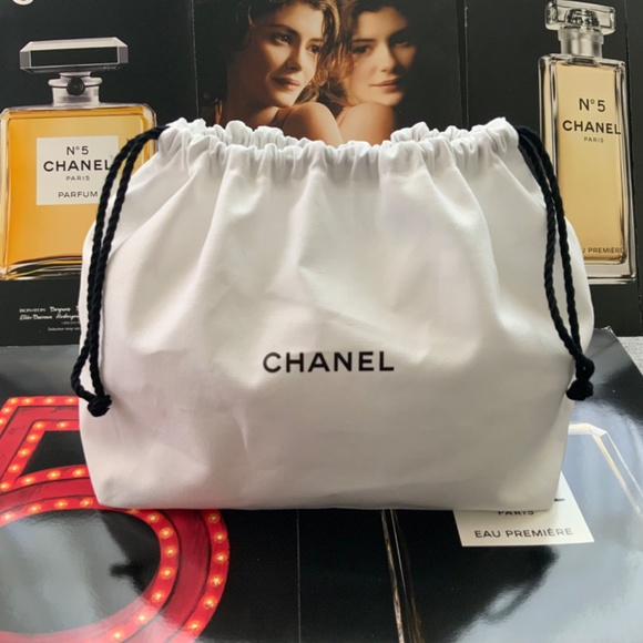 100% Authentic CHANEL white cotton canvas drawstring pouch cosmetic storage bag - Picture 13 of 16